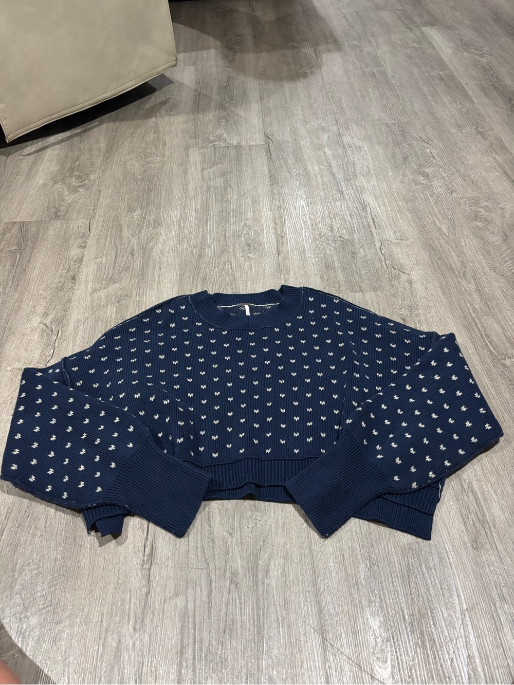 Free People Easy Street Patterned Cropped Sweater Navy Blue Large - Picture 3 of 5